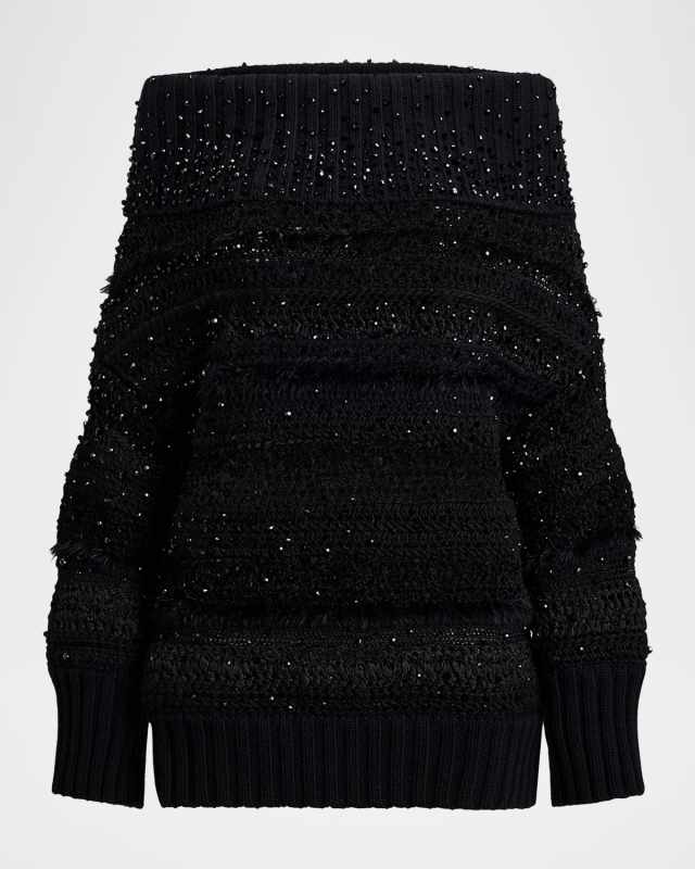Embellished Texture Knit Off-The-Shoulder Sweater